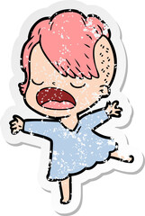 distressed sticker of a cartoon cool hipster girl talking