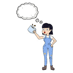 freehand drawn thought bubble cartoon female worker with coffee mug