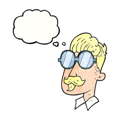 freehand drawn thought bubble textured cartoon man with mustache and spectacles