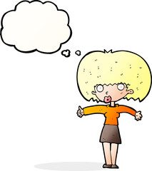 cartoon woman giving thumbs up symbol with thought bubble