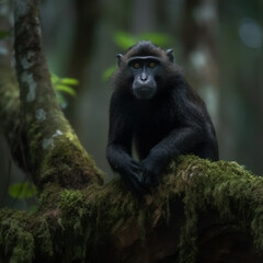 Majestic Crested Black Macaque, perched on a moss-covered tree trunk in the lush rainforest of Sulawesi Island. The primate's striking black & white fur is captured in stunning detail. Generative AI