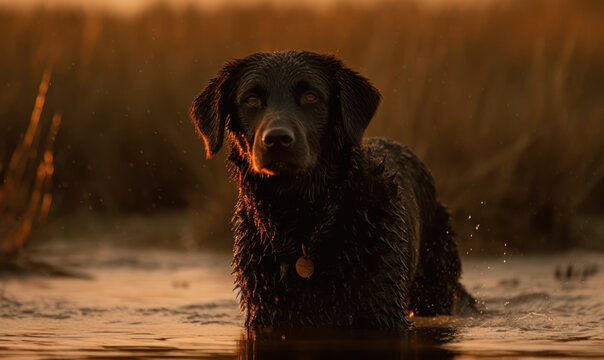 Curly-coated retriever emerging from marshy wetland at sunrise. golden sun creates dramatic silhouette & highlights curly coat of dog embodying breed's rugged, water-loving character. Generative AI