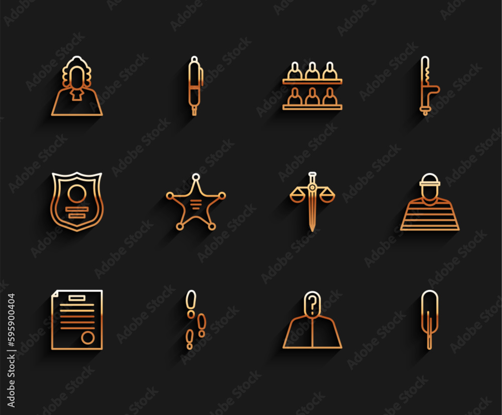 Sticker Set line The arrest warrant, Footsteps, Judge, Anonymous with question mark, Feather pen, Hexagram sheriff, Prisoner and Scales of justice icon. Vector