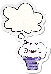 cartoon cupcake with thought bubble as a distressed worn sticker