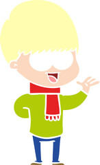 happy flat color style cartoon boy waving