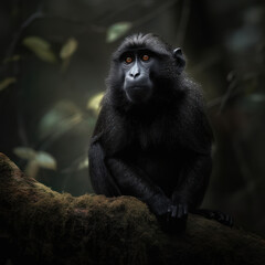 Obraz premium Majestic Crested Black Macaque, perched on a moss-covered tree trunk in the lush rainforest of Sulawesi Island. The primate's striking black & white fur is captured in stunning detail. Generative AI