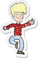 retro distressed sticker of a cartoon happy man dancing