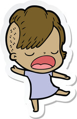 sticker of a cartoon cool hipster girl talking