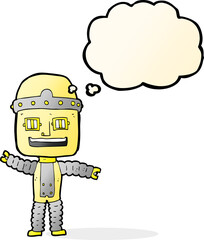 cartoon waving robot with thought bubble