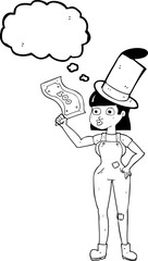 freehand drawn thought bubble cartoon woman holding on to money