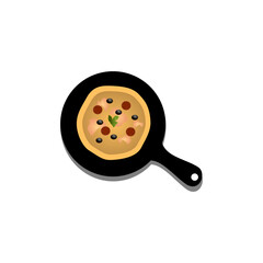 Fresh pizza with tomato, cheese, olive, sausage, onion, basil. Traditional italian fast food. Top view meal. European snack. Isolated white background. EPS10 vector illustration.