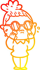 warm gradient line drawing of a cartoon crying woman wearing spectacles