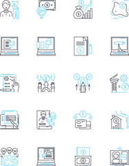 Stock trading linear icons set. Shares, Investment, Market, Trading, Equity, Bull, Bear line vector and concept signs. Portfolio,Dividend,Risk outline illustrations