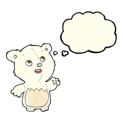 Fototapeta premium cartoon happy little teddy polar bear with thought bubble