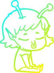 cold gradient line drawing of a cute alien girl cartoon