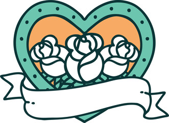 iconic tattoo style image of a heart and banner with flowers