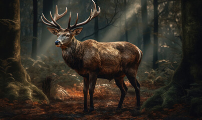 Photo of deer majestically standing amidst a dense forest. The composition evokes a sense of tranquility and harmony with nature, highlighting the deer's innate grace and beauty. Generative AI