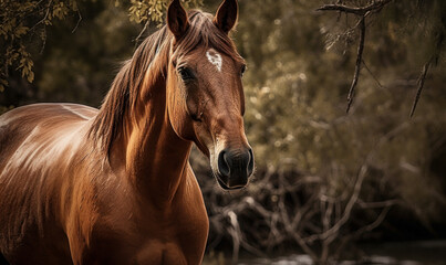 Fototapeta premium close up photo of Criollo, horse breed of Argentina on blurry forest background. Generative AI