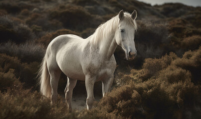photo of Connemara, breed of pony, in its natural habitat. Generative AI
