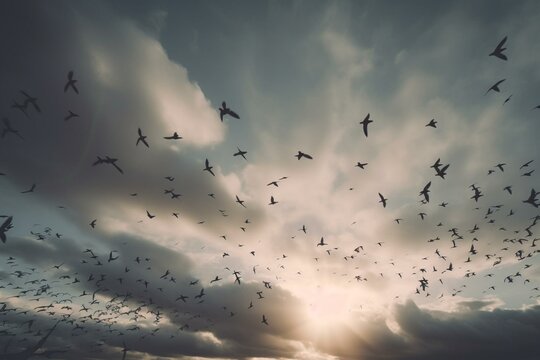 Birds soaring through the sky. Generative AI