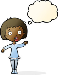 cartoon waving woman with thought bubble