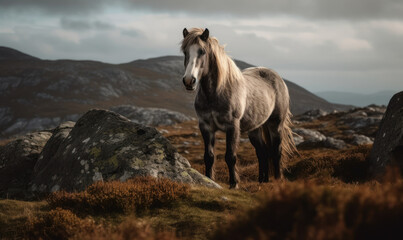 Connemara Pony in the Wilds of Ireland: Photo of Connemara, breed of pony, standing atop a windswept hill in the rugged Connemara landscape. Generative AI