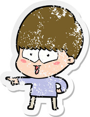 distressed sticker of a cartoon happy boy