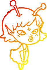 warm gradient line drawing of a pretty cartoon alien girl