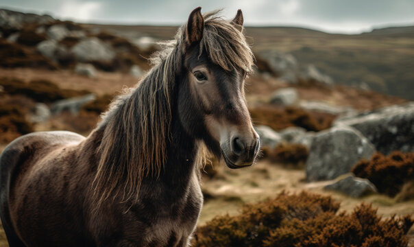 Dartmoor pony amidst rugged untamed wilderness of Dartmoor National Park. pony's hardy, surefooted nature and its distinct breed characteristics: shaggy mane & tail, sturdy build. Generative AI