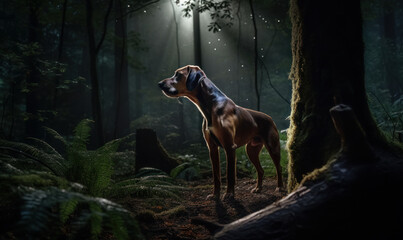 Coonhound in the Moonlight Amid a Dense Forest. This breathtaking image captures the essence of the coonhound breed and its love for the hunt. Generative AI