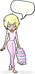 cartoon woman going to bed with speech bubble