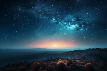 Fototapeta na wymiar Sunrise against a blue galaxy sky with stars. Generative AI