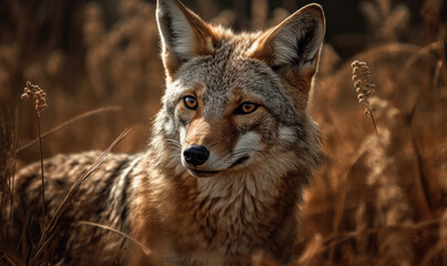 The Huntress: Photo of coyote, captured in its natural habitat, stealthily prowling through a field of tall grass, with its keen senses alert for prey. Generative AI
