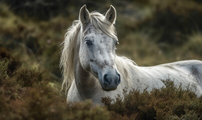 close up photo of Connemara, breed of pony, in its natural habitat. Generative AI