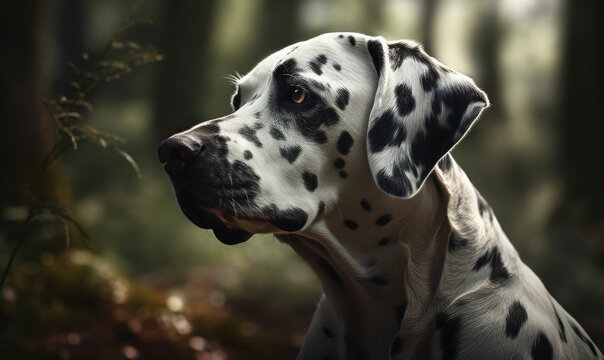 close up photo of Dalmatian on blurry forest background. Generative AI