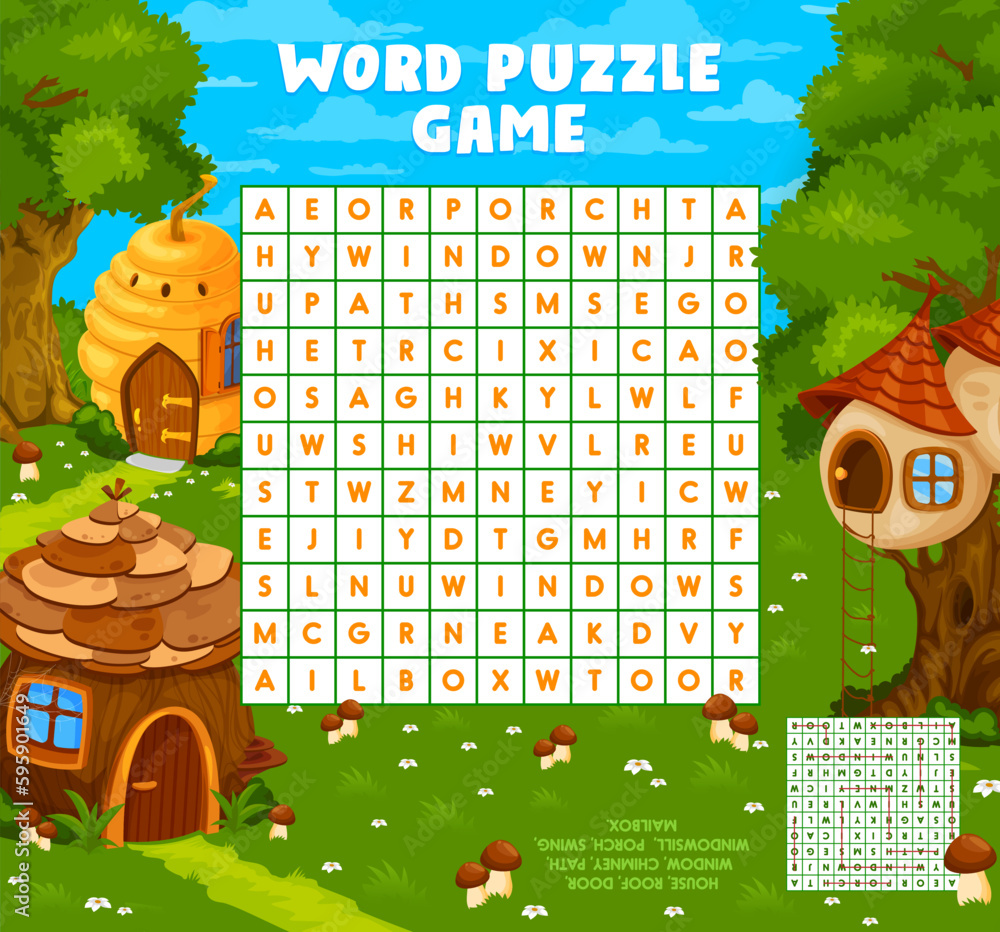 Aufkleber fairytale cartoon houses word search puzzle game worksheet, kids quiz. vector crossword brainteaser 