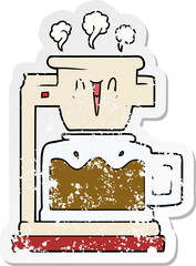 distressed sticker of a steaming hot coffee pot