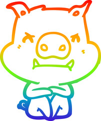 rainbow gradient line drawing of a angry cartoon pig