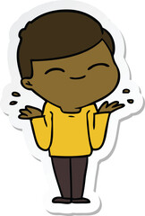 sticker of a cartoon smiling boy shrugging shoulders