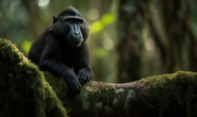 Obraz premium Majestic Crested Black Macaque, perched on a moss-covered tree trunk in the lush rainforest of Sulawesi Island. The primate's striking black & white fur is captured in stunning detail. Generative AI