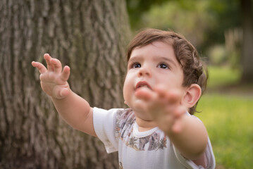 Baby boy asking to be picked up outdoors in a park.