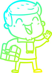 cold gradient line drawing of a cartoon happy man