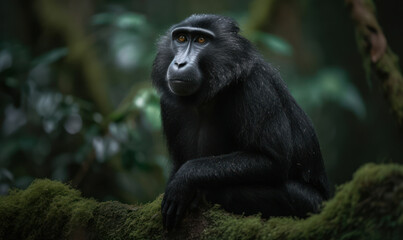 Naklejka premium Majestic Crested Black Macaque, perched on a moss-covered tree trunk in the lush rainforest of Sulawesi Island. The primate's striking black & white fur is captured in stunning detail. Generative AI