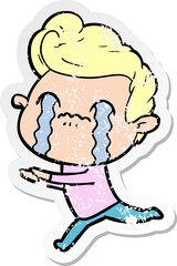 distressed sticker of a cartoon man crying