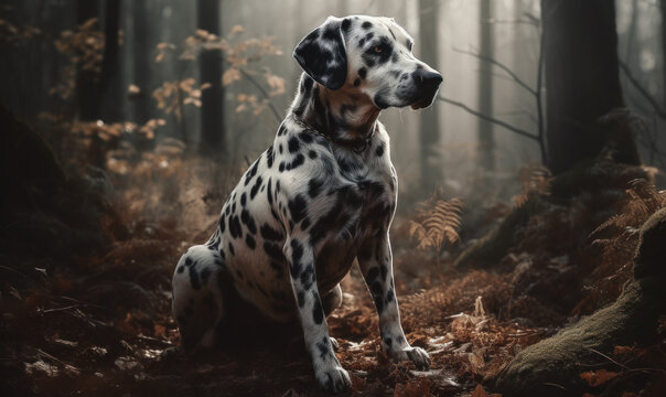 photo of Dalmatian sitting on a forest path. Generative AI