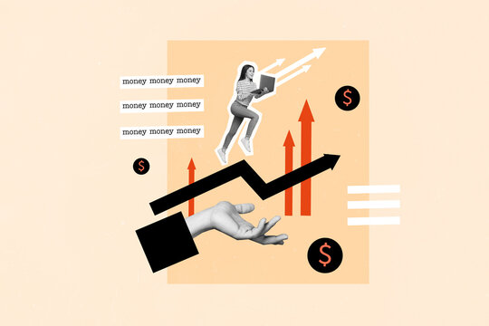 Poster collage image artwork of funny girl walking big arm running work using computer browsing usd rate isolated on drawing background