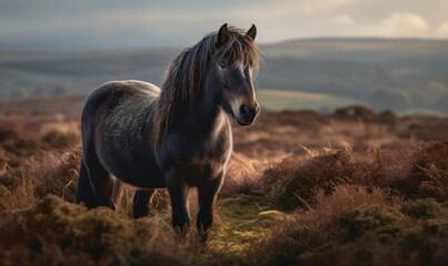 Obraz premium photo of Dartmoor, breed of pony in its natural habitat. Generative AI