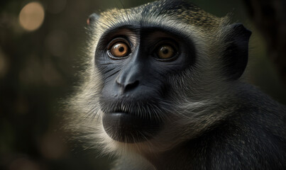 Obraz premium close up photo of DeBrazza’s monkey on blurry jungle background. Generative AI