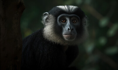 Fototapeta premium Photo of DeBrazza's monkey, captured in its natural habitat of dense African forests. image showcasing its striking black and white facial markings. Generative AI