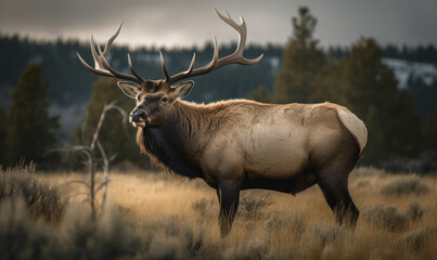 Photo of American elk, majestically standing amidst sprawling grasslands of Yellowstone National Park. The composition emphasizes the elk's dominance and power in its natural habitat. Generative AI